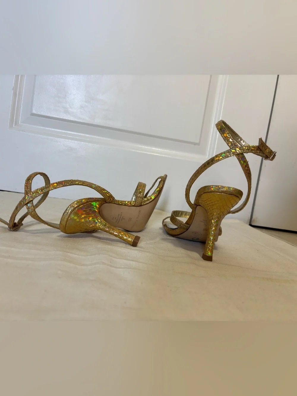 Marc Fisher Gold Holographic Strappy Heels Size 6M Square Toe Sandals